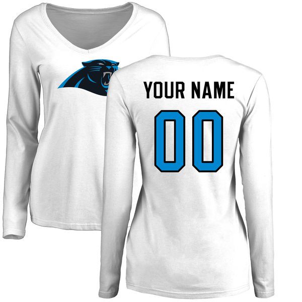 Women Carolina Panthers NFL Pro Line White Custom Name and Number Logo Slim Fit Long Sleeve T-Shirt->nfl t-shirts->Sports Accessory